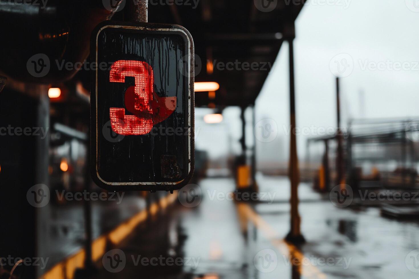Industrial number sign in a wet, overcast factory environment photo
