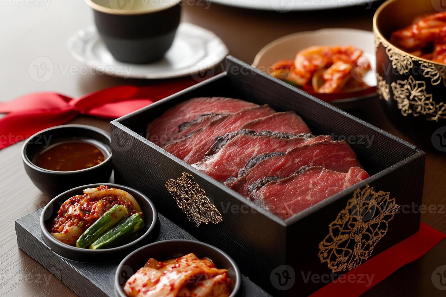 Sliced grilled beef in a wooden box with Korean side dishes photo