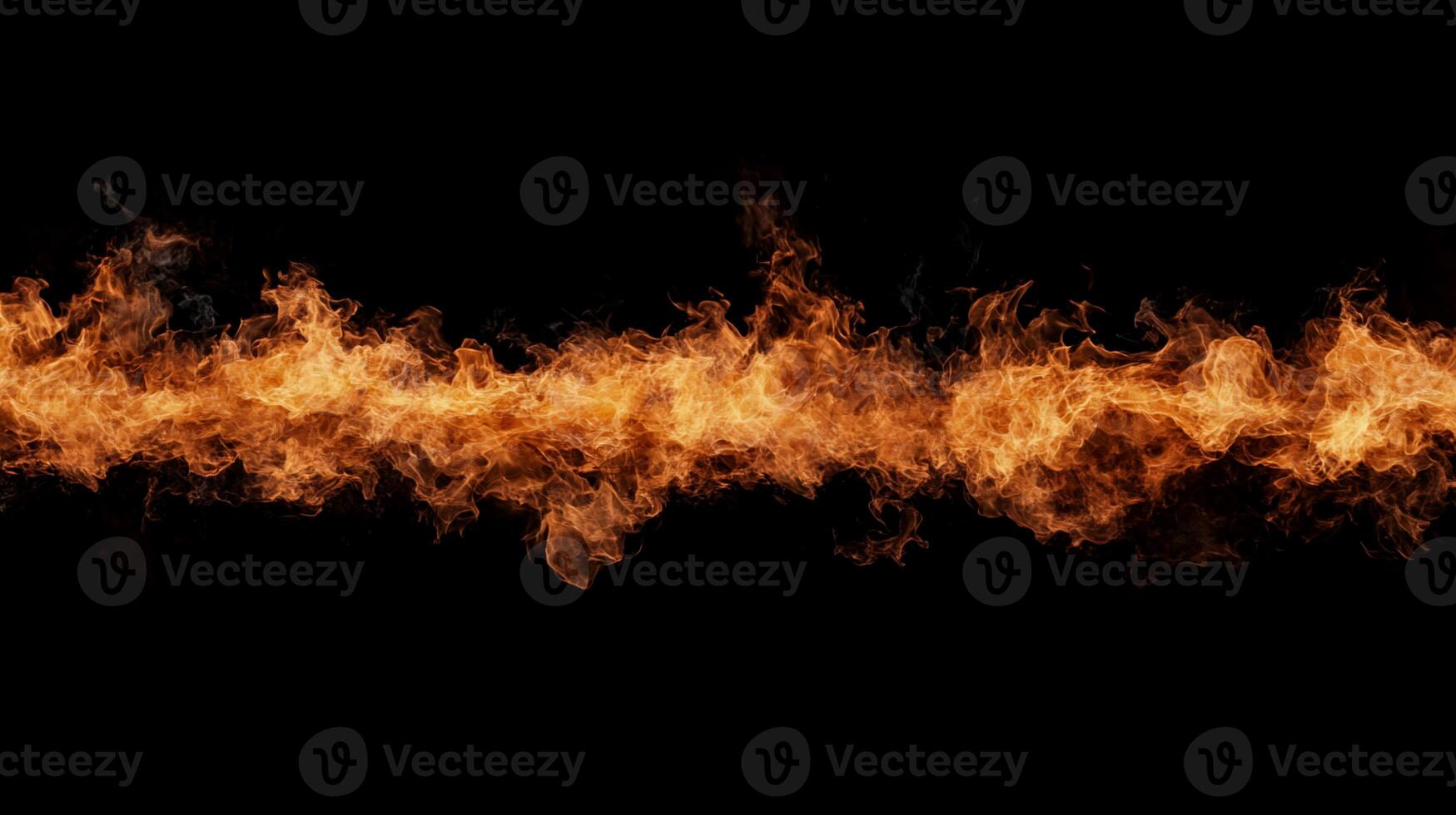 Fiery horizontal flame line against black background. A continuous, dynamic stream of orange and yellow flames. Intense heat and energy photo