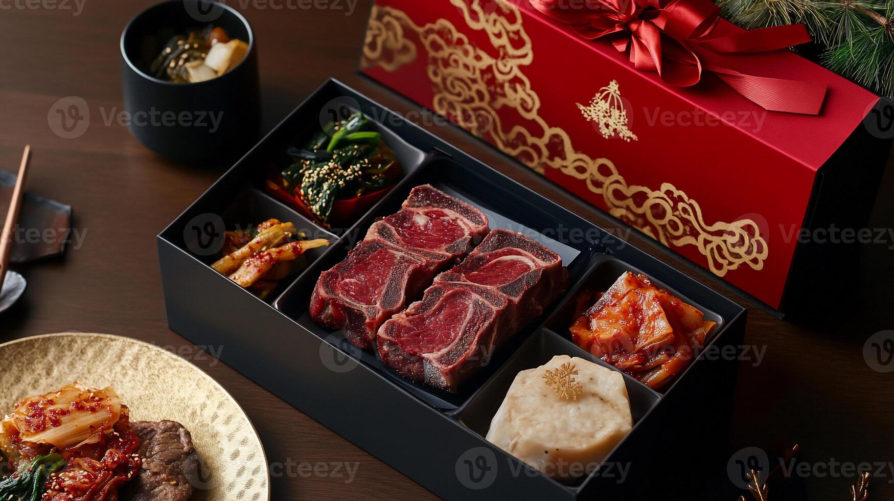 A table with a plate of food and a red box photo