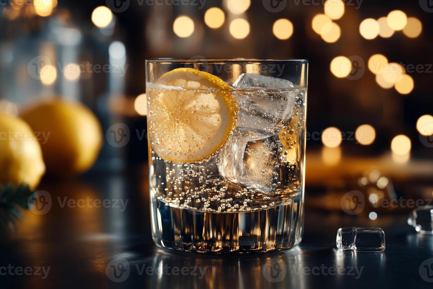 Refreshing cocktail with lemon slice and ice. A glass of bubbly drink with ice cubes and a lemon slice sits on a dark surface. Soft, warm lighting and blurred background create a festive mood photo