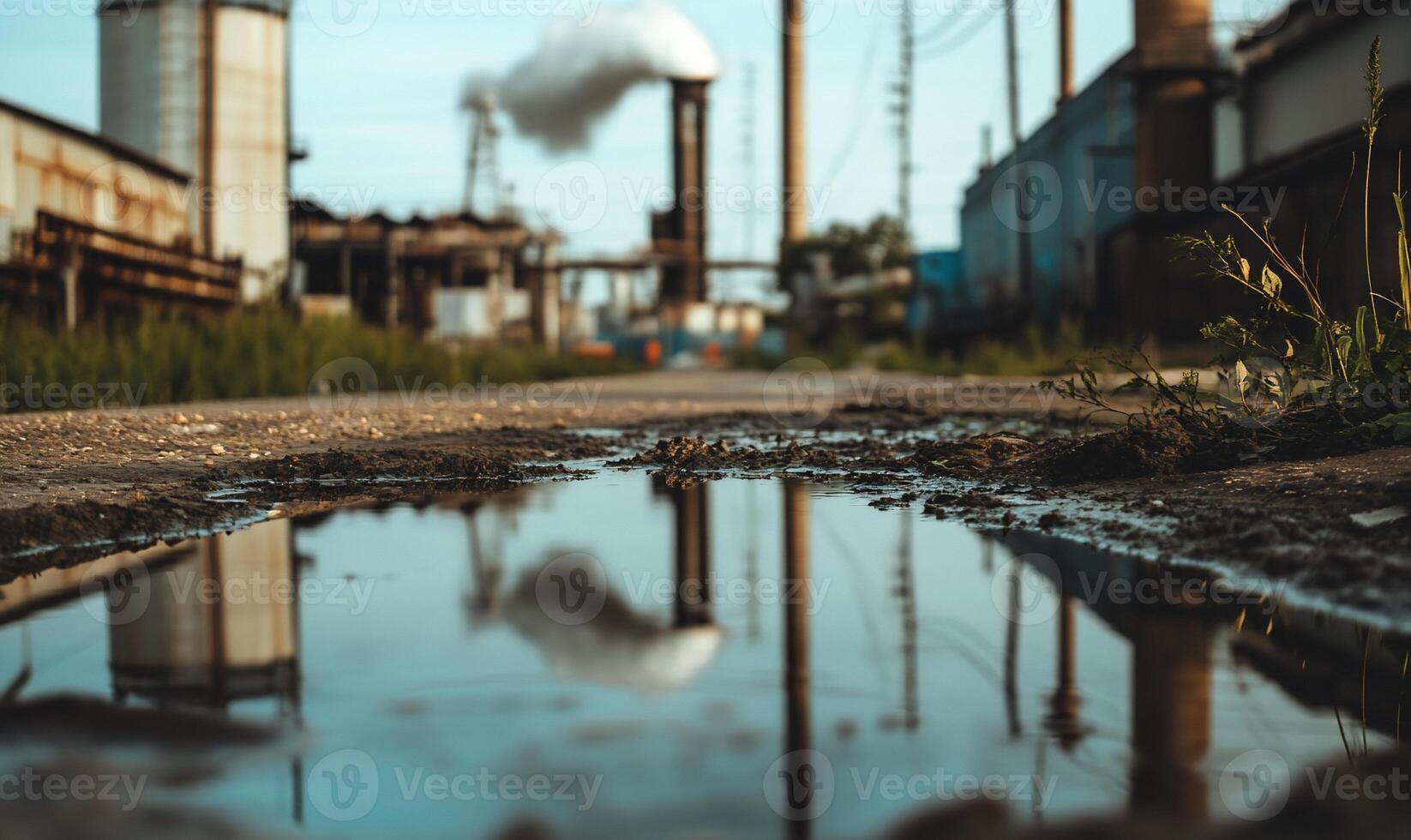 Industrial landscape reflected in a puddle. Factory buildings and smoke stacks mirrored in a water puddle. Damaged pavement and greenery around the puddle photo