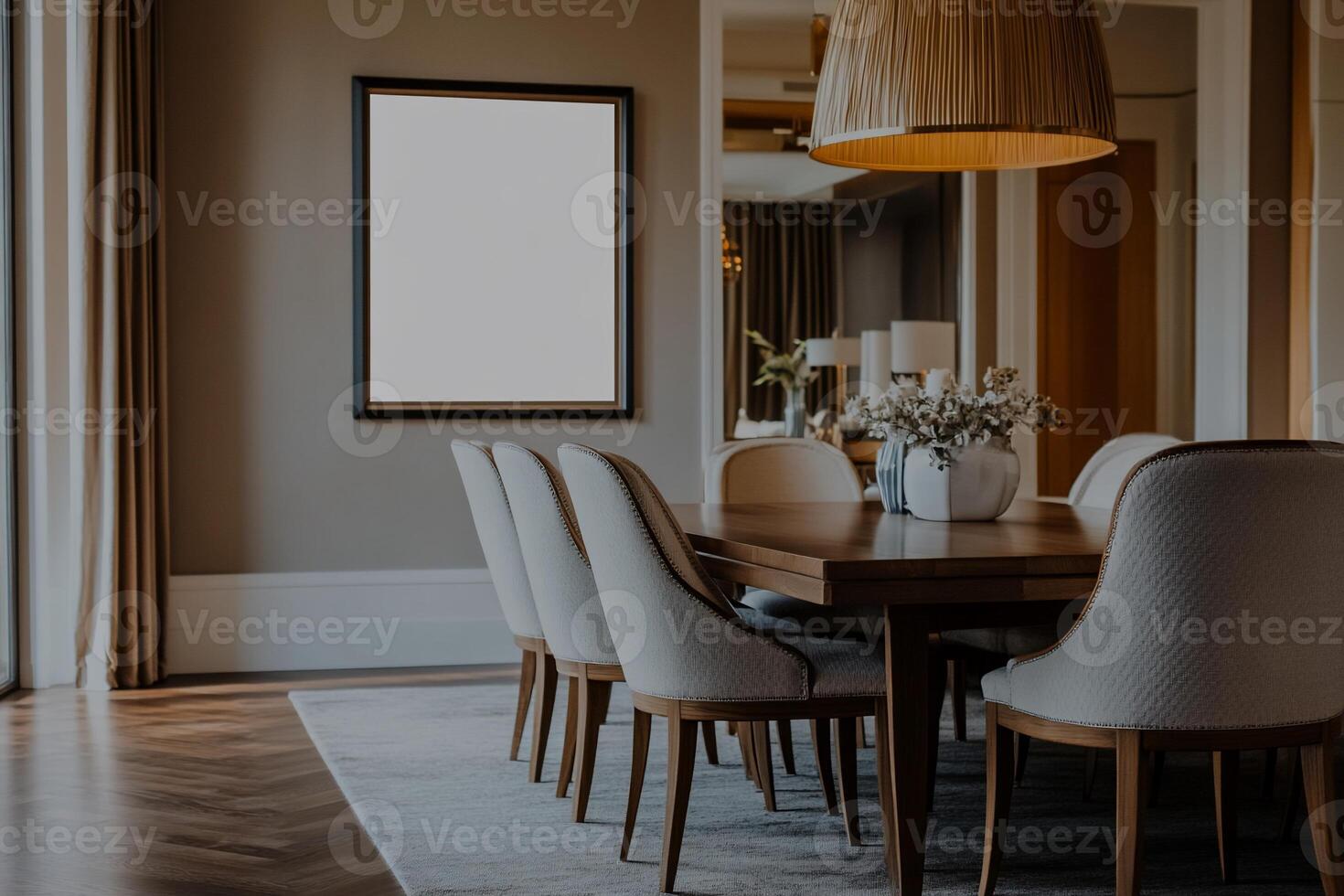 Modern dining room interior. Spacious, elegant space with a large wooden table, cream-colored chairs, and a neutral color palette. Empty frame highlights the room's refined style photo