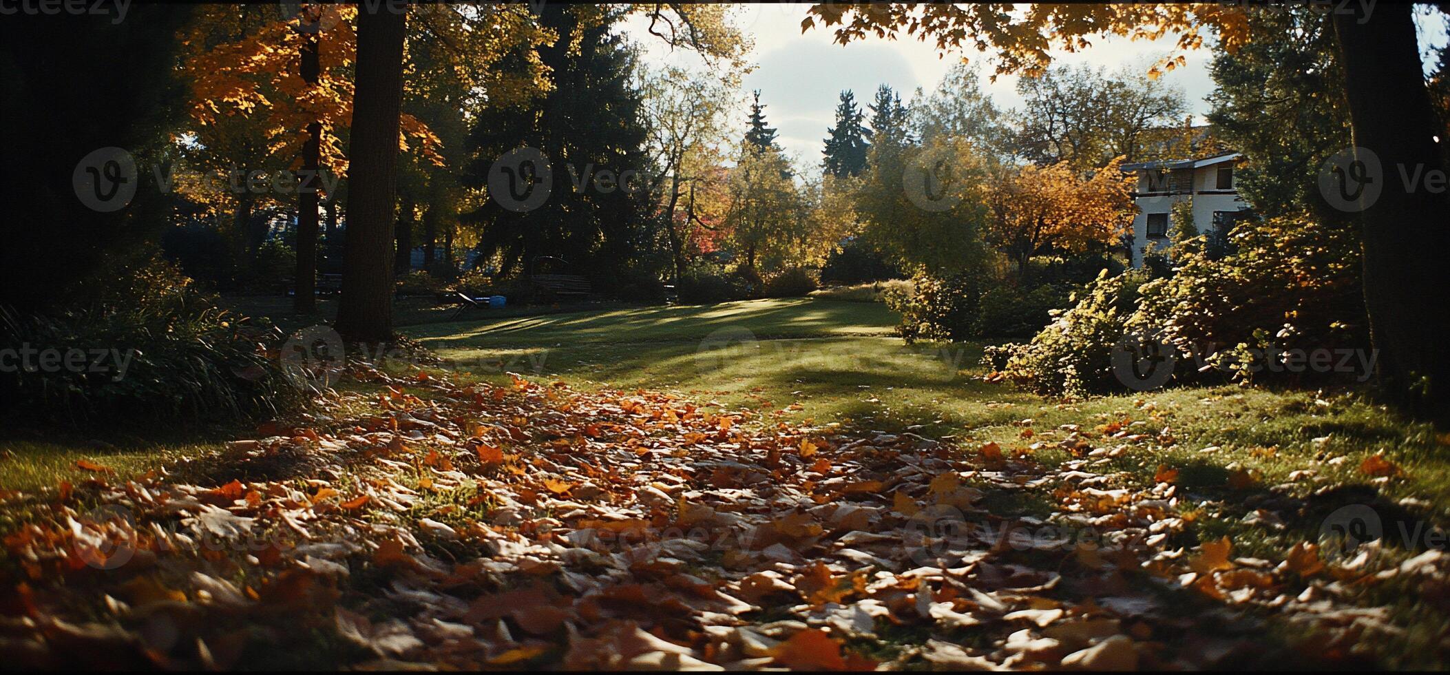 Autumnal park scene with fallen leaves photo
