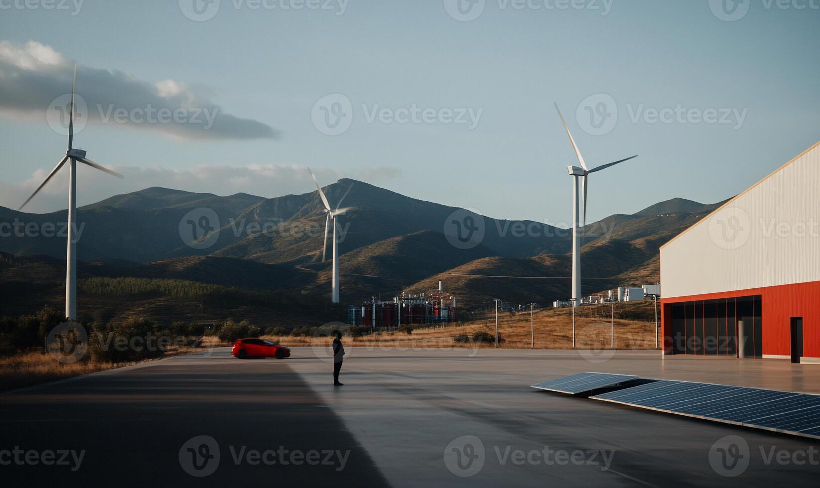 A man standing in front of a wind turbine photo