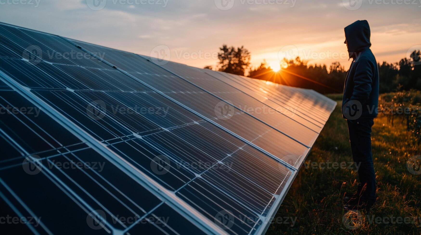 Person stands near a large solar panel array at sunset photo