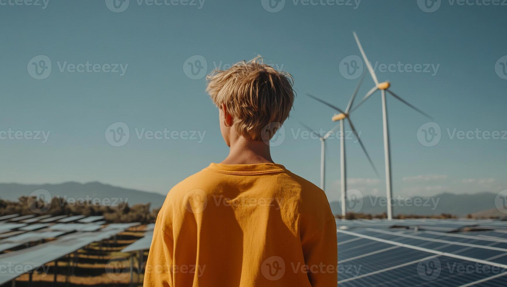 A man standing in front of wind turbines photo
