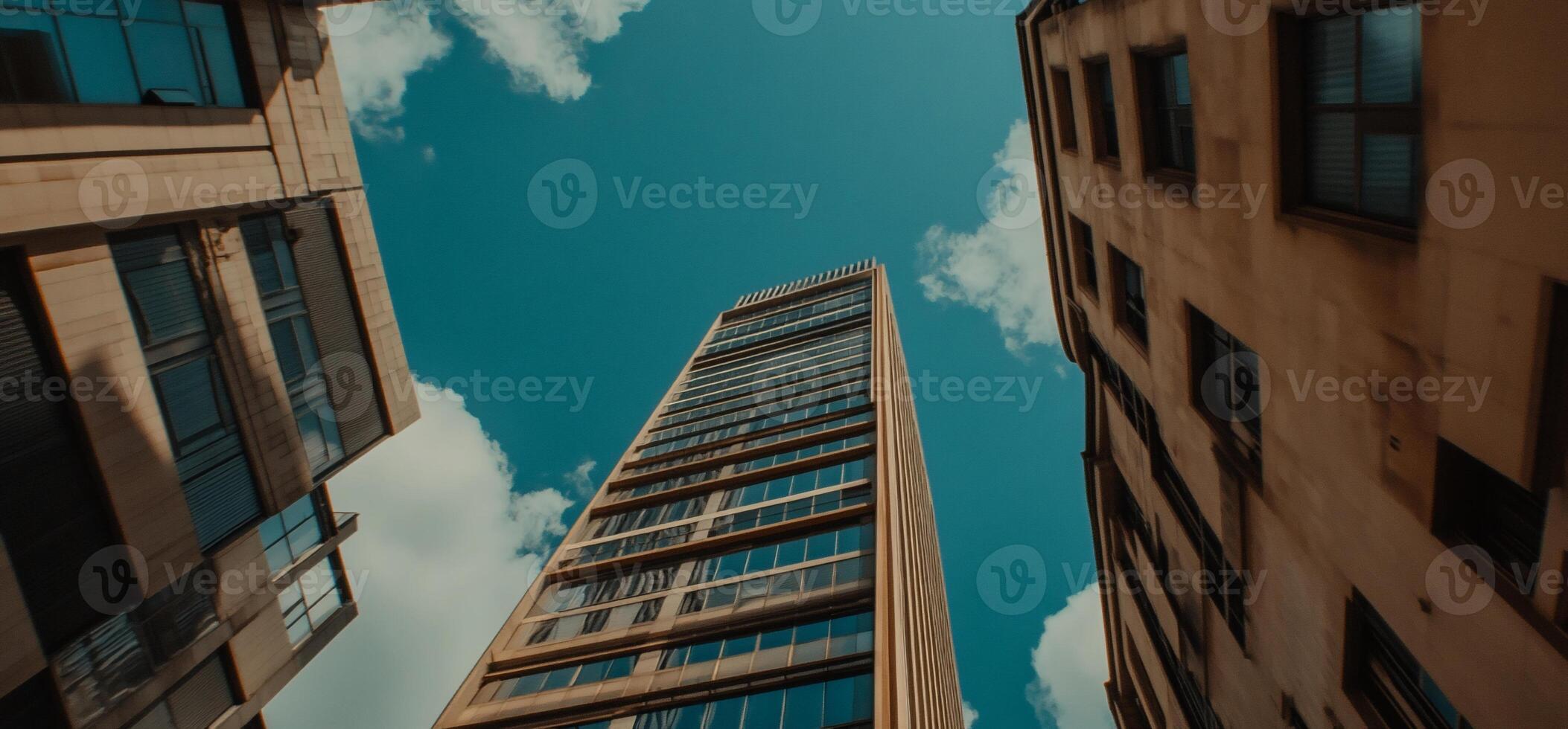 A tall building is seen from below photo