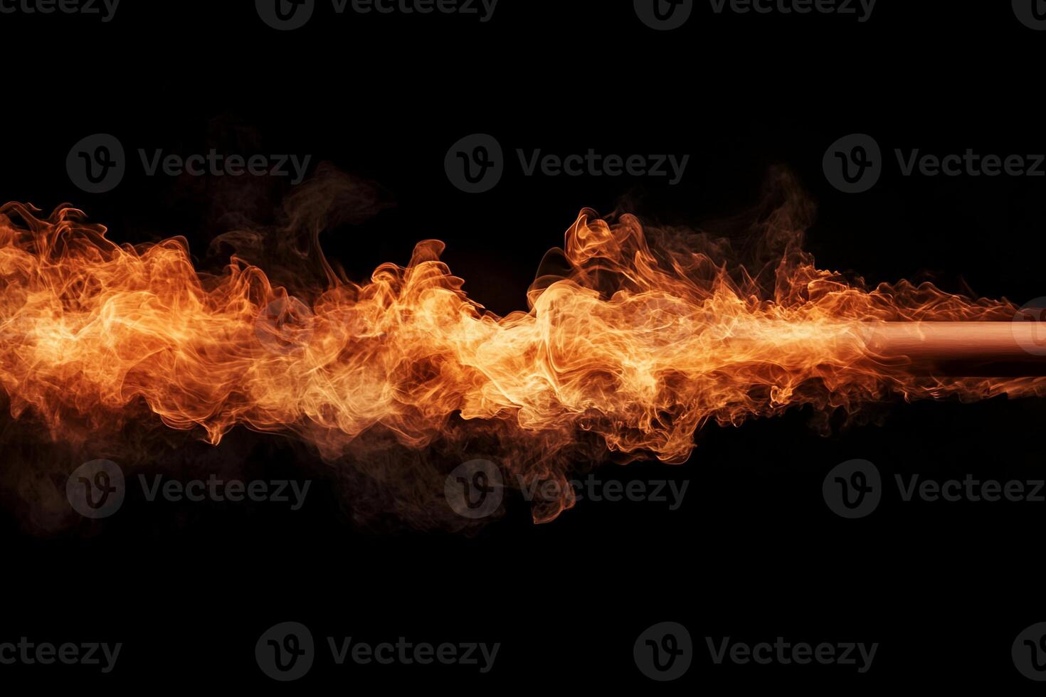 Fiery stream of flame erupting. A powerful, orange-red flame bursts forth from a hidden pipe, filling the space with smoke and heat photo