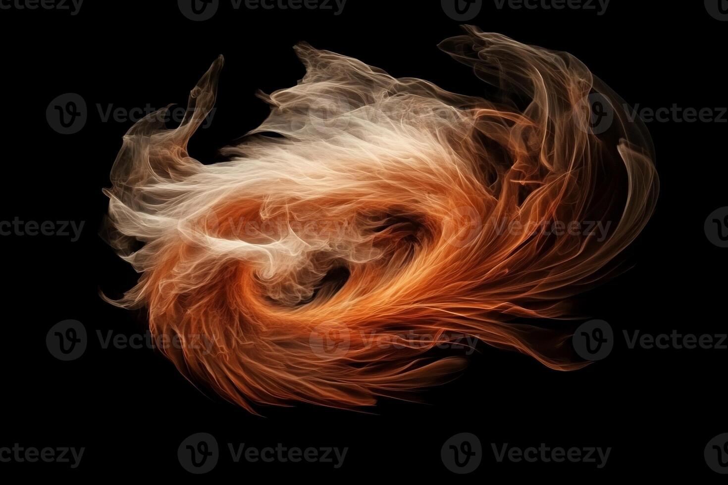 Abstract swirling, flame-like design in warm colors against a black background. Detailed, textured, and ethereal photo