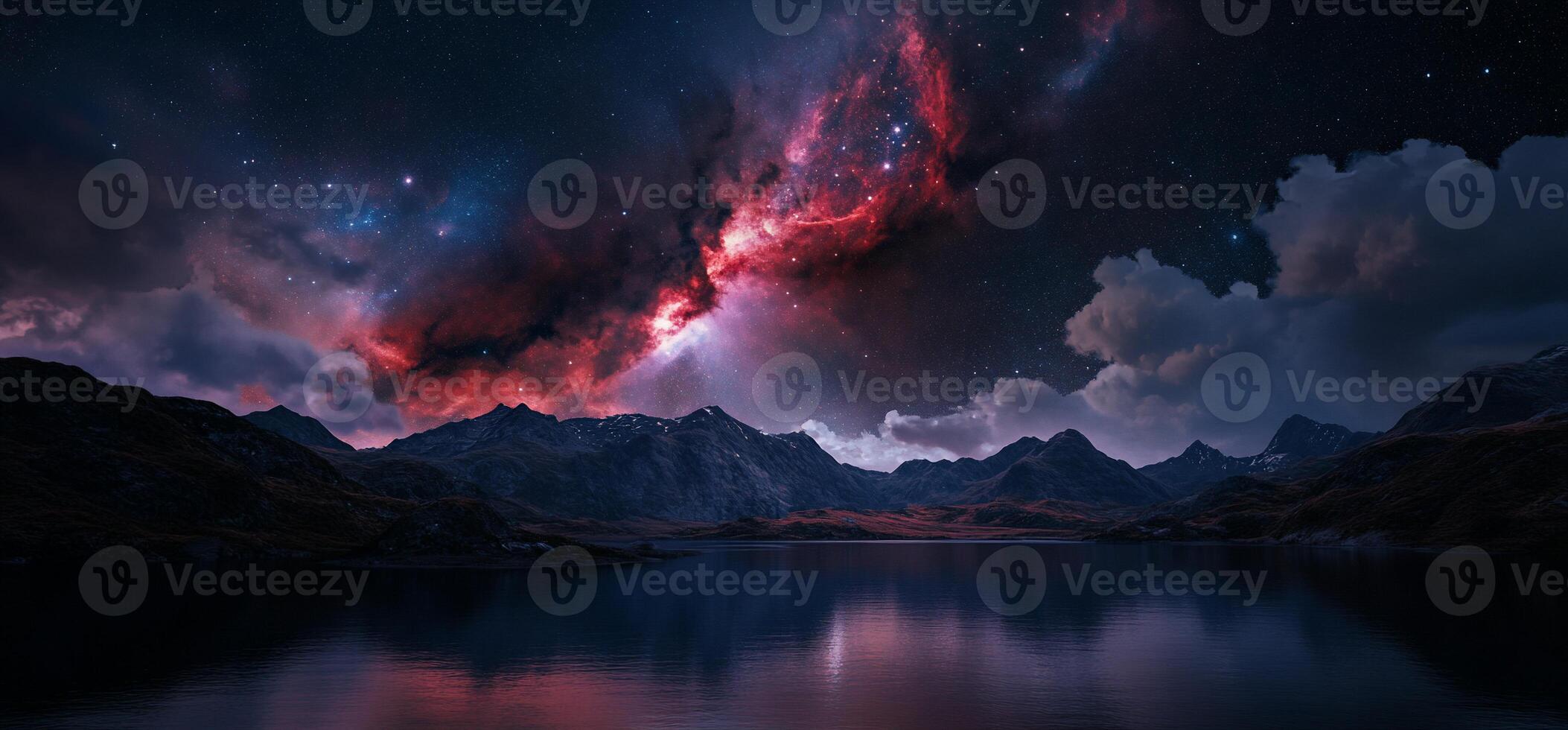 A beautiful night sky with a lake and mountains in the background photo
