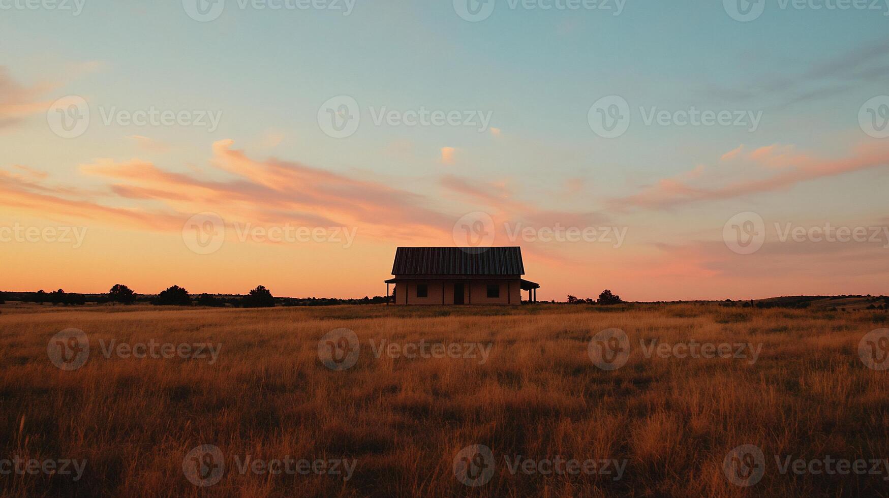 Small house on a golden field at sunset. A rustic cabin stands alone in a vast field of dried grasses, bathed in the warm hues of a beautiful sunset. Soft clouds paint the sky in vibrant colors photo