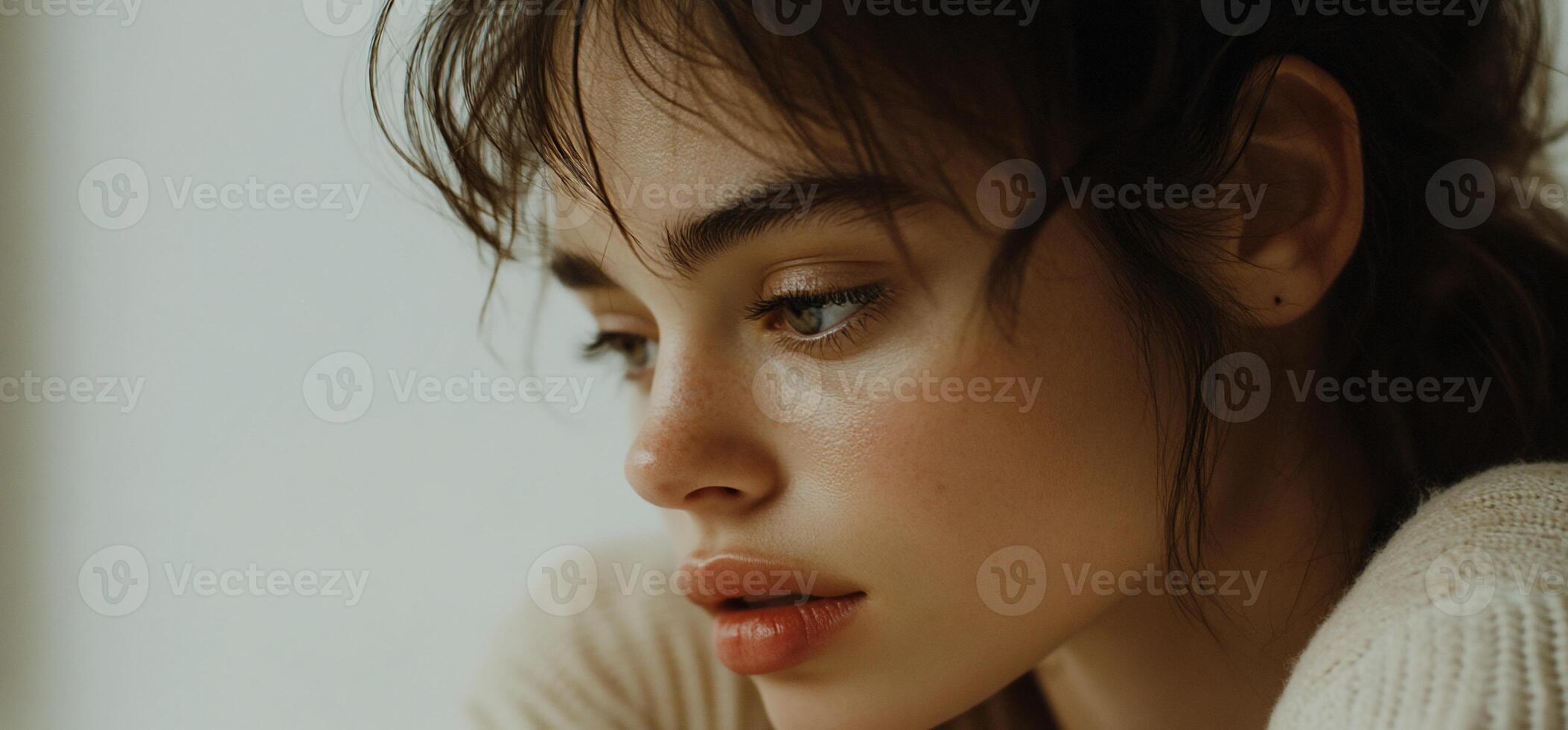 A woman with brown eyes looking down photo