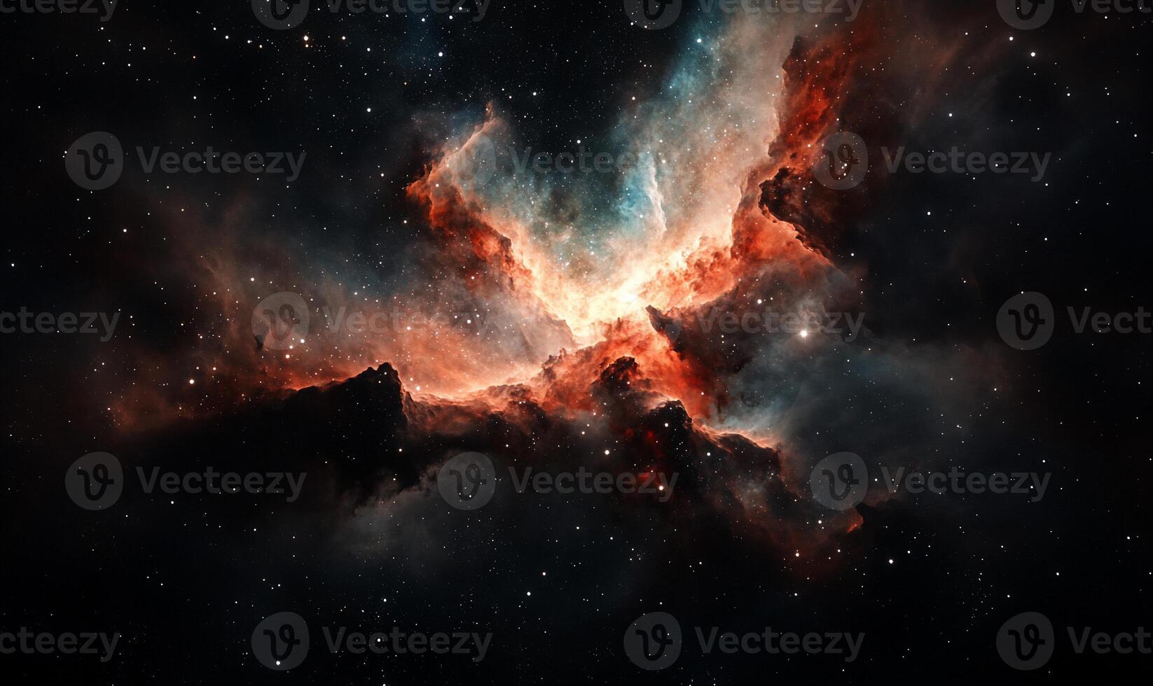 Cosmic nebula, vibrant colors, stellar nursery. Vast expanse of space, swirling gas and dust clouds, celestial landscape. Intricate patterns, vibrant hues of orange, teal, and pink in deep space photo