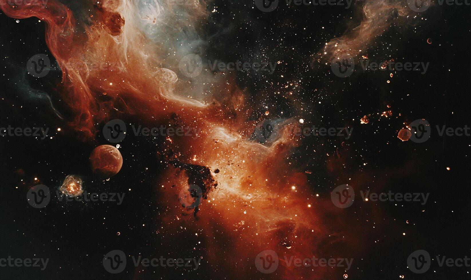 Cosmic nebula, swirling hues of orange and grey, speckled with distant stars photo