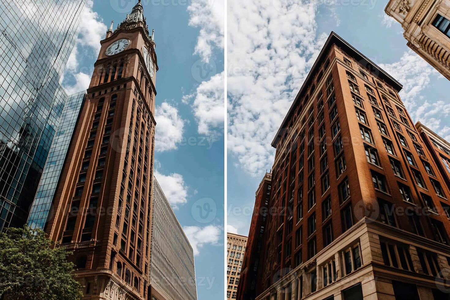 Urban cityscape featuring towering buildings. A glimpse of a historic clock tower and modern skyscrapers, showcasing architectural details and a vibrant city environment photo