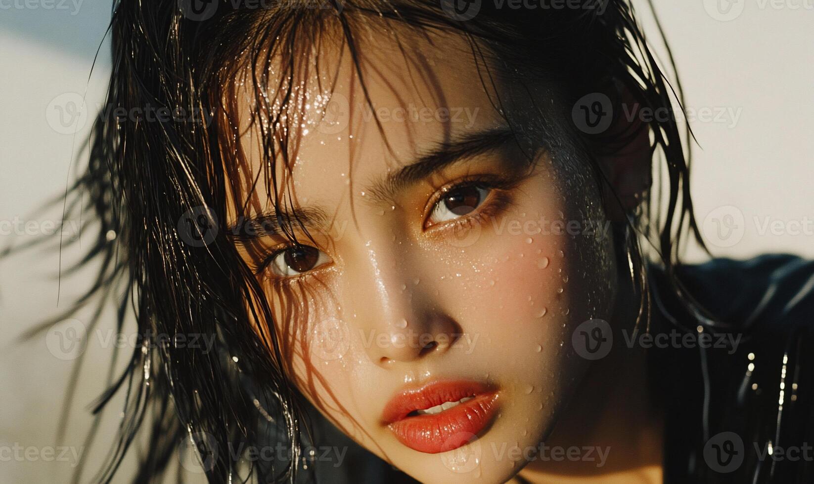 Close-up portrait of a woman with wet hair, sweat, and makeup photo