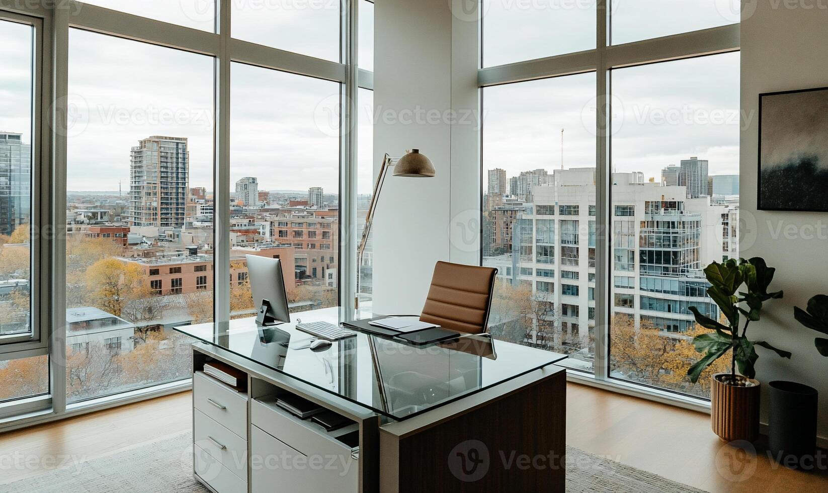 Modern urban office with panoramic city views. Spacious, minimalist workspace with glass desk, comfortable chair, and large windows photo