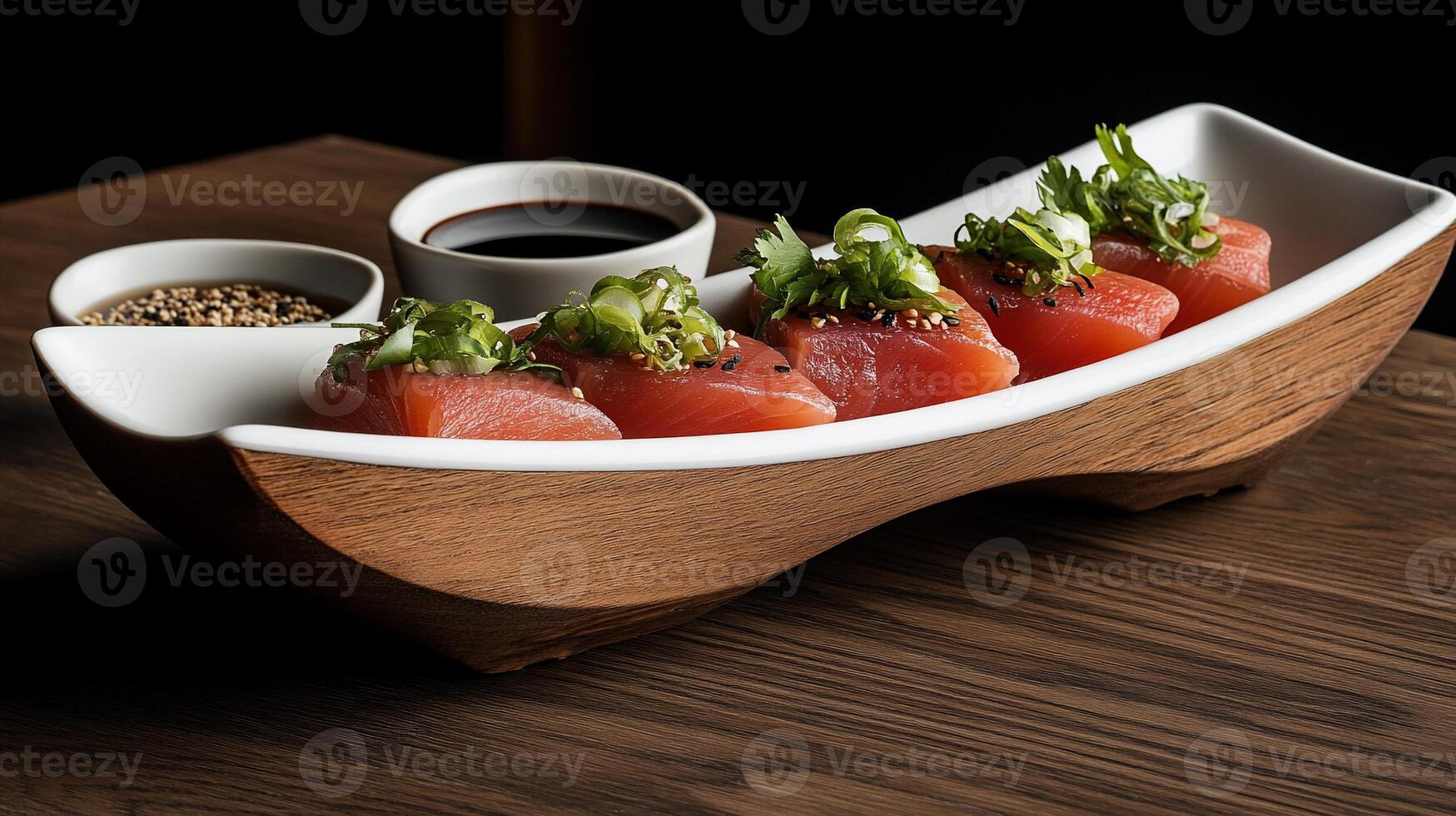 Fresh tuna sashimi served on a wooden platter with soy sauce and sesame seeds. Garnished with green onions and cilantro photo