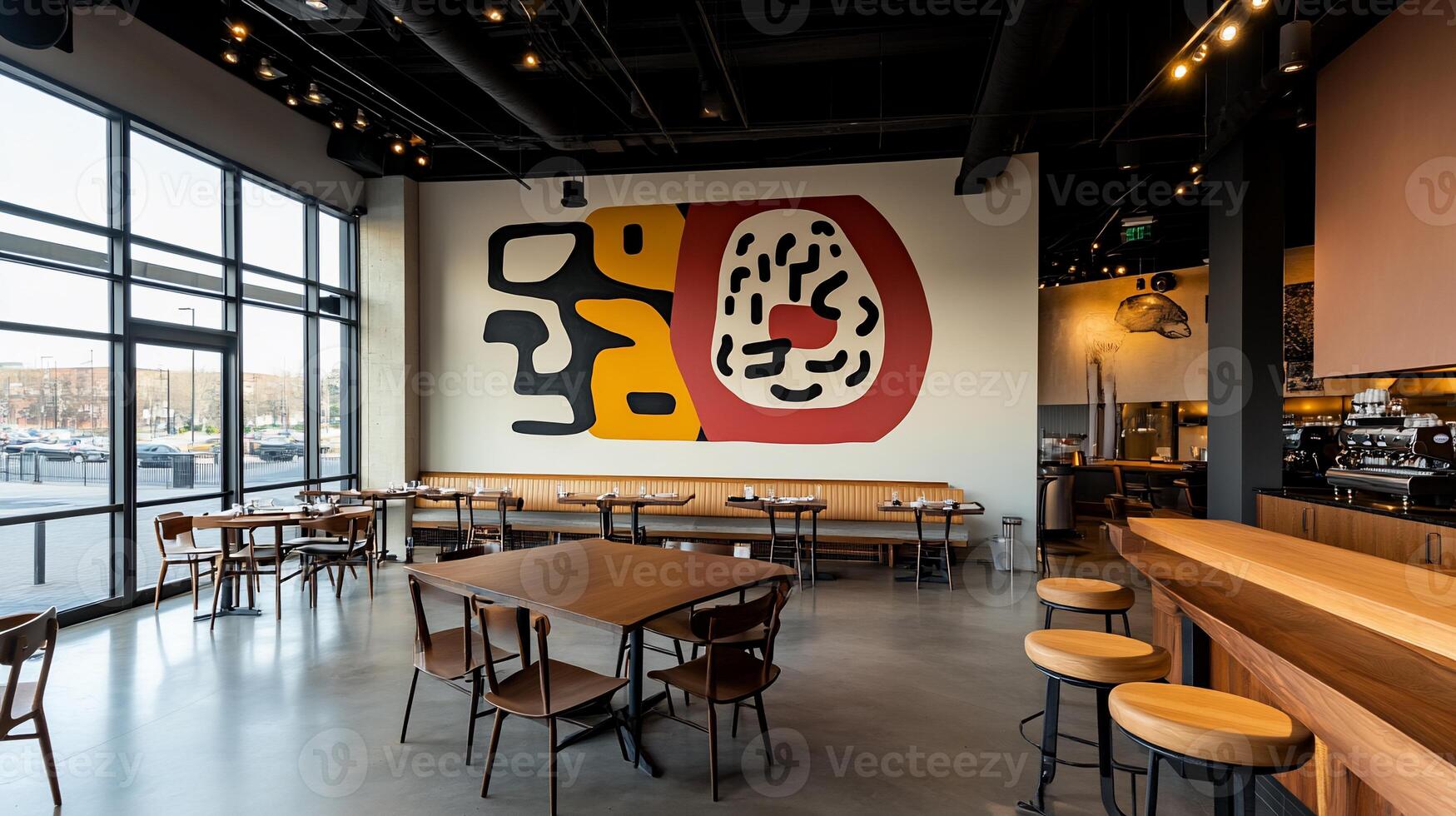 Modern restaurant interior with large abstract mural, ample seating, and large windows overlooking outdoor space photo