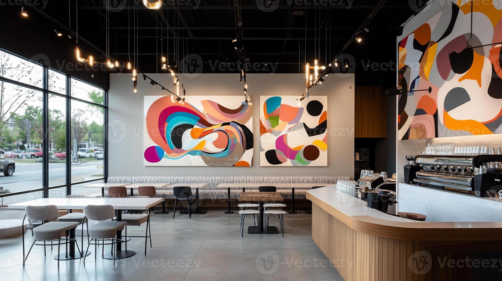 Modern cafe interior with vibrant abstract art photo