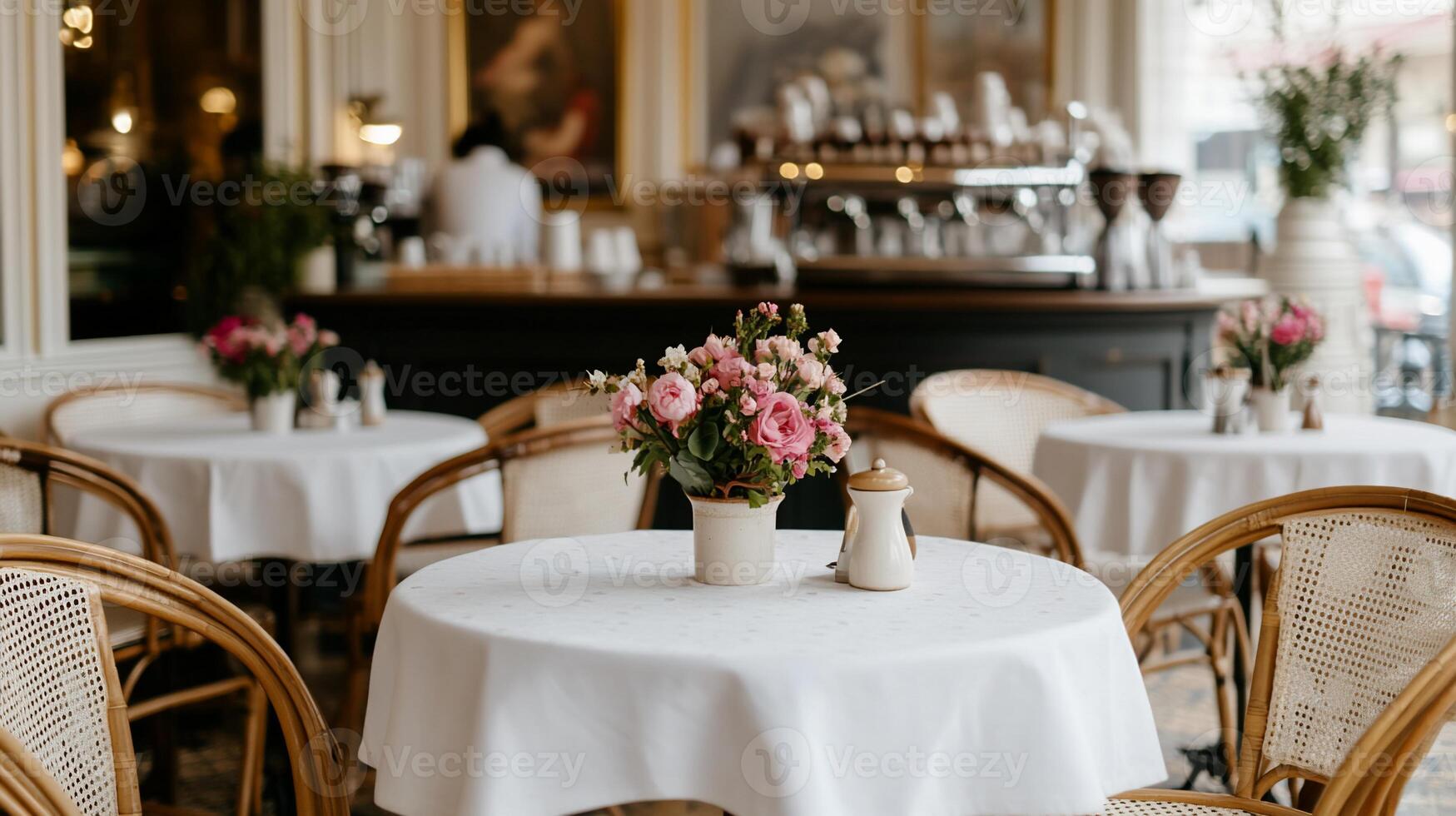 Parisian cafe tables and chairs. Fresh flowers on a sunny day photo