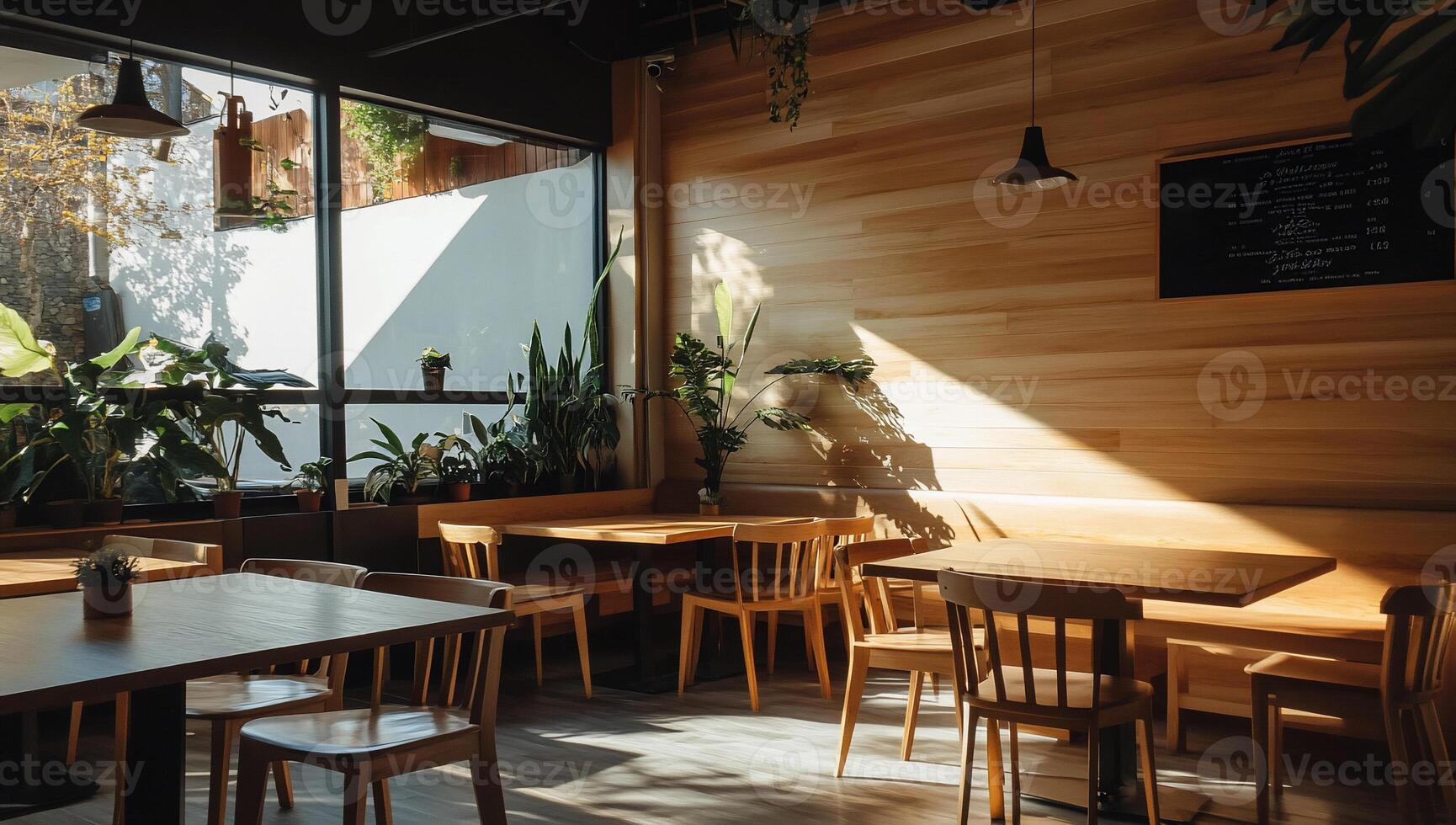 A restaurant with wooden tables and chairs photo