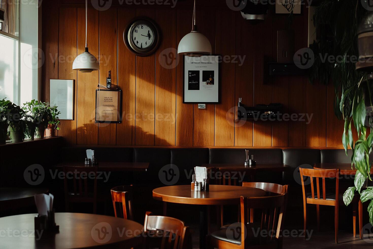 Cozy cafe interior with warm lighting and wooden accents photo