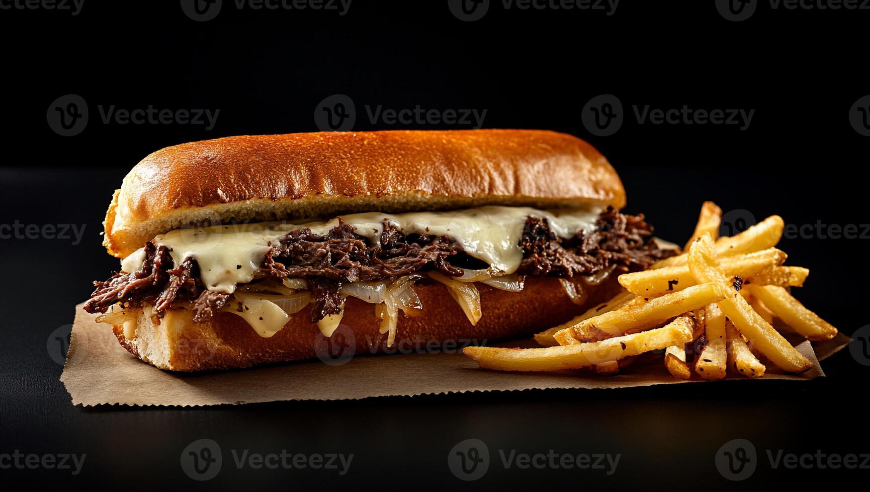 Hearty sub sandwich with fries. Melted cheese, shredded beef, and onions photo