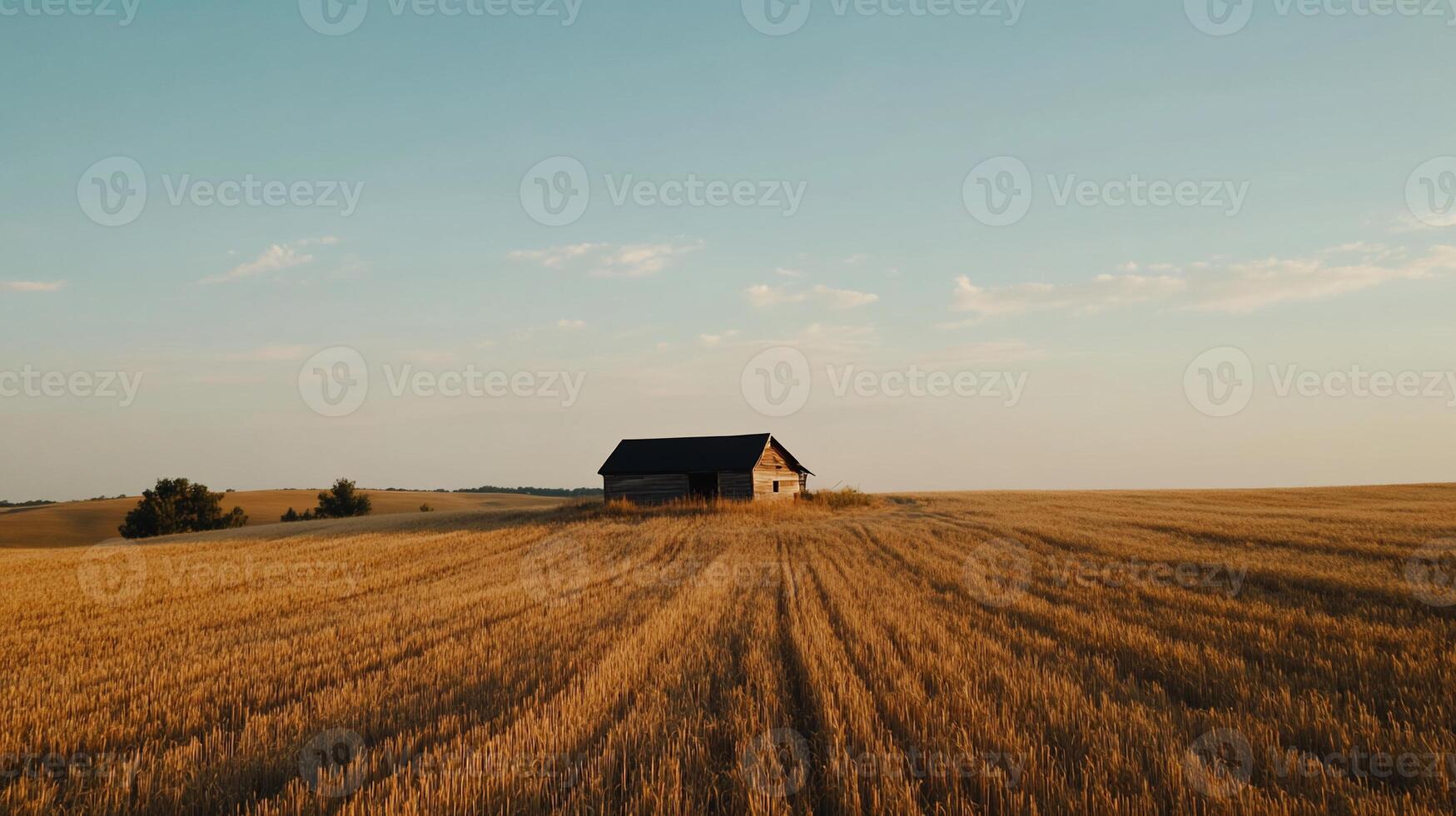 Rustic wooden barn in golden field at dawn photo