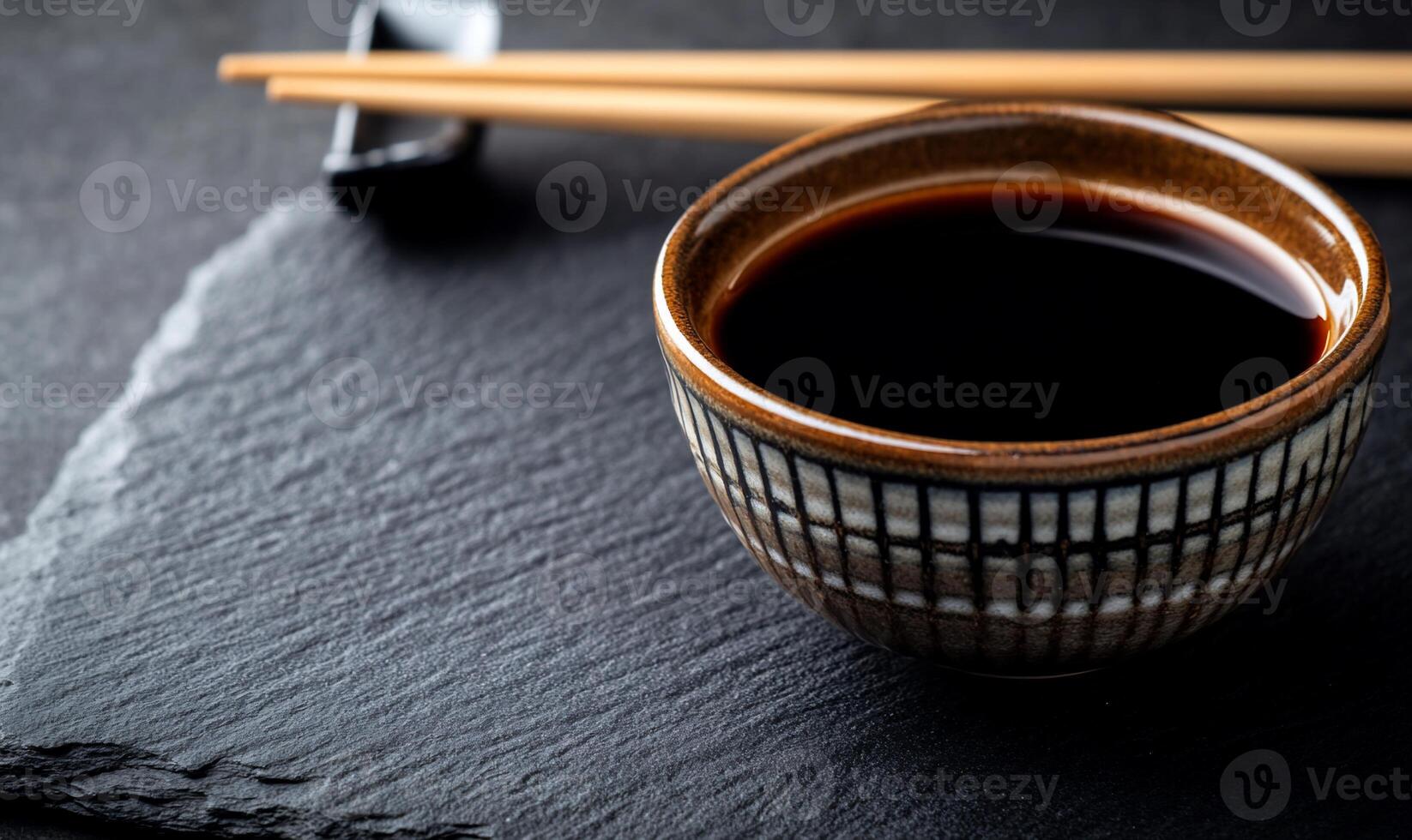 A cup of black soy sauce with chopsticks on a black slate photo