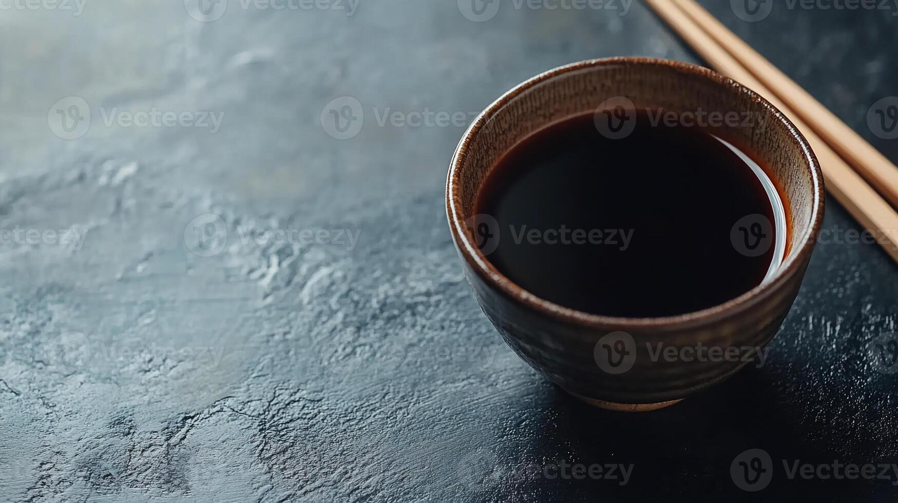 A cup of black soy sauce with chopsticks on a dark surface photo