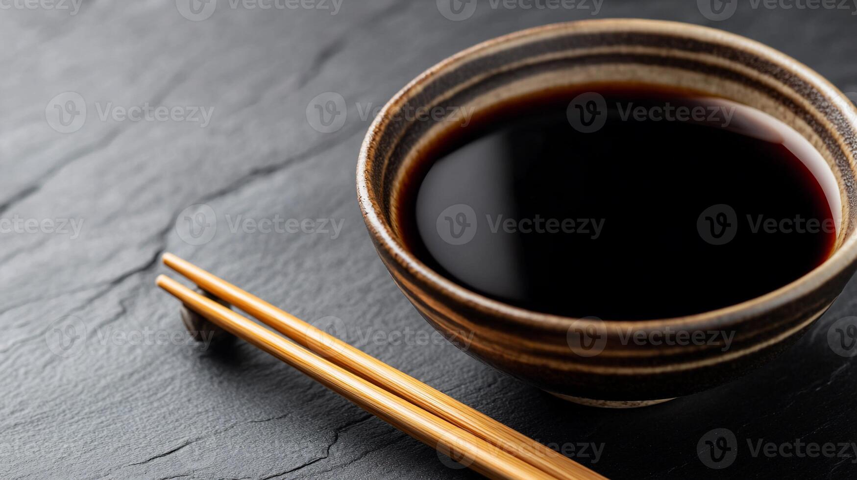A cup of black soy sauce with chopsticks on a black background photo