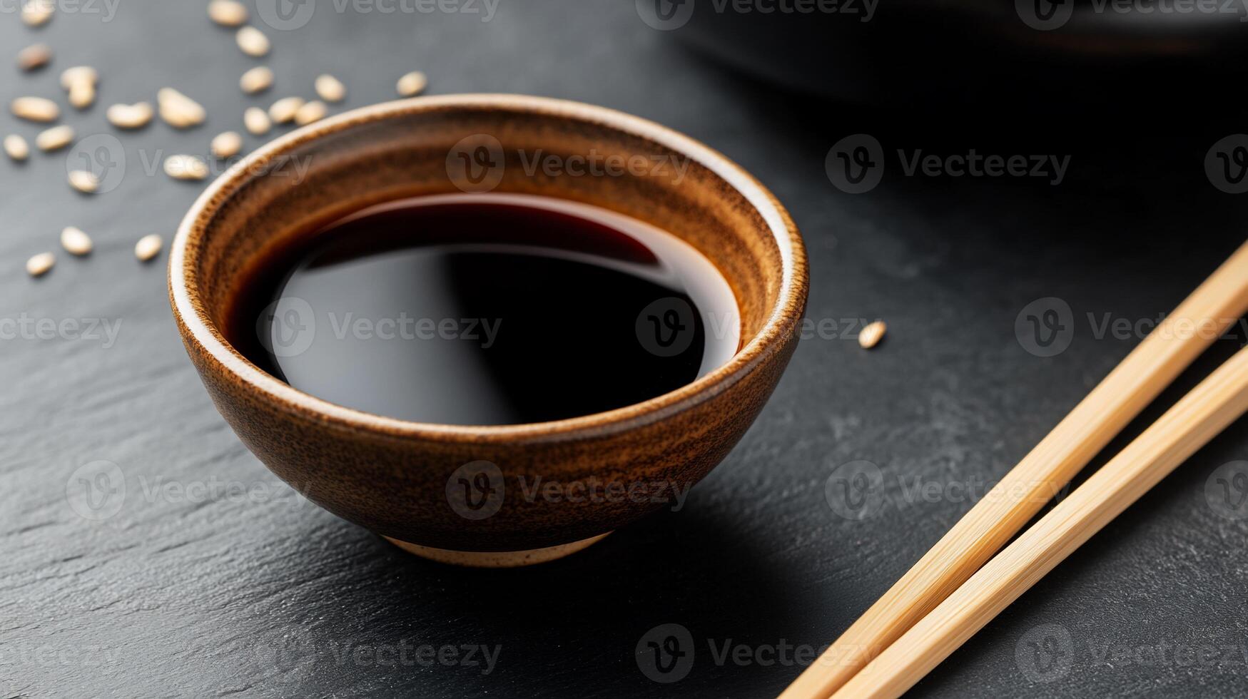 Dark brown bowl of soy sauce on dark stone surface with chopsticks and sesame seeds photo