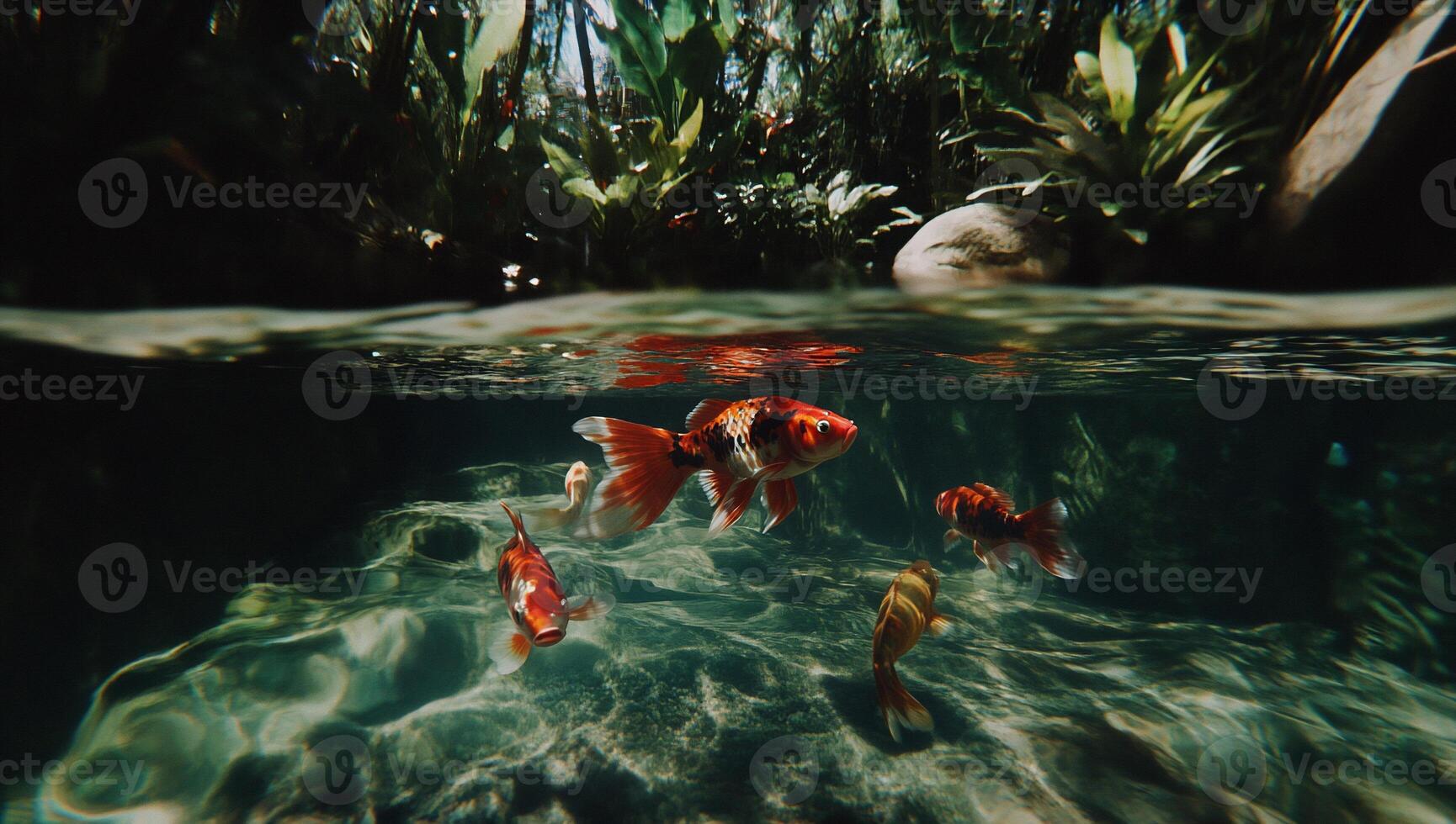Tropical fish in a pond surrounded by lush greenery photo