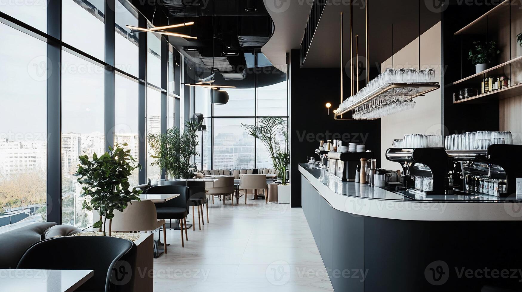 Modern cafe with panoramic city views. photo