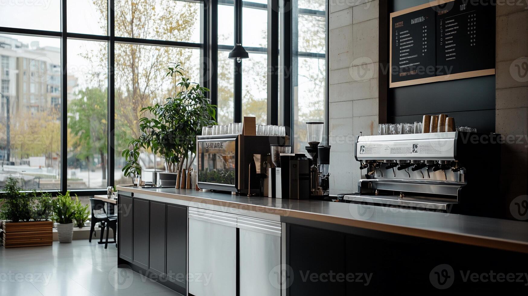 Modern coffee shop interior with large windows, showcasing a sleek bar area equipped with coffee machines, and plants photo
