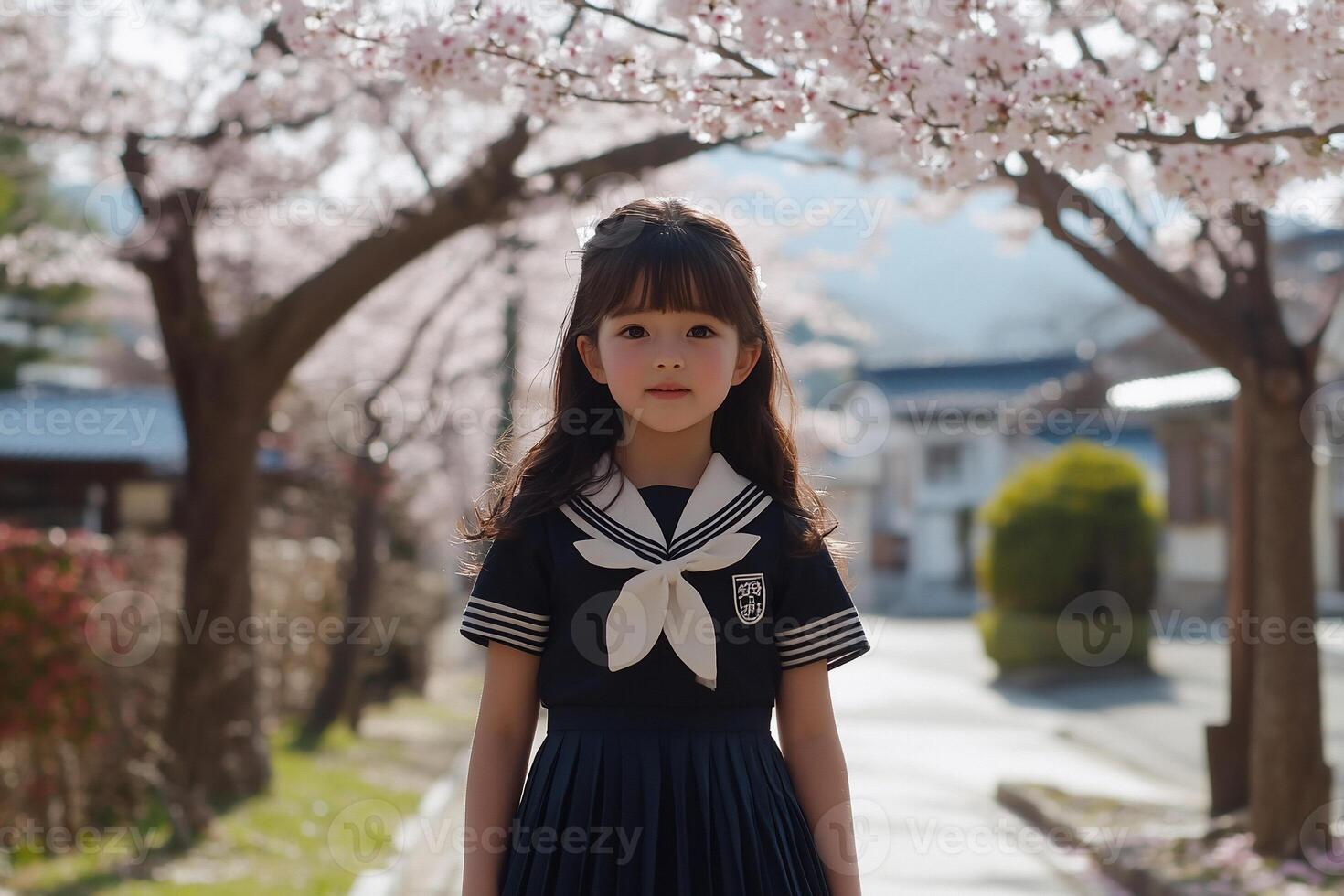 A young girl in a navy sailor uniform under cherry blossoms photo