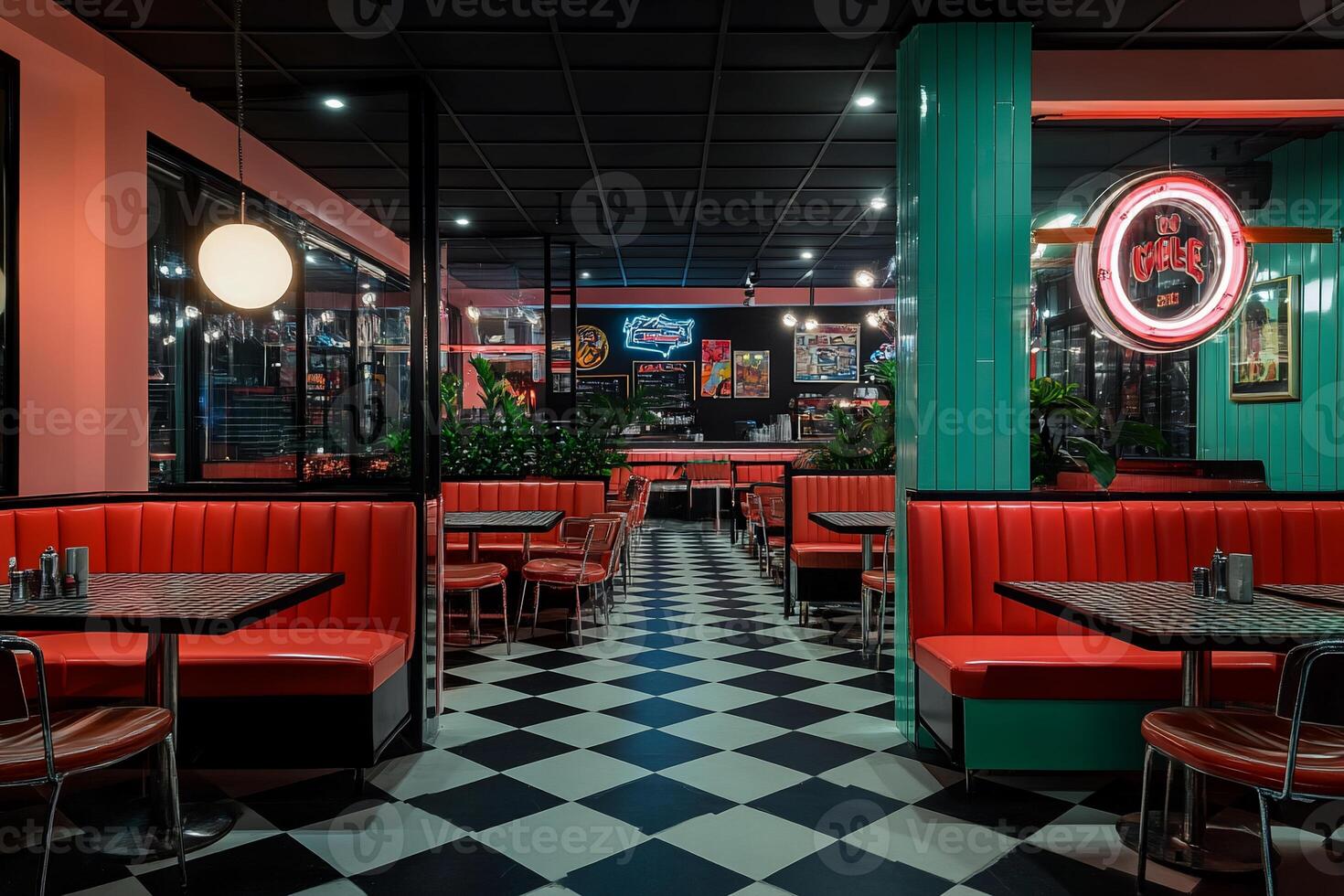 Retro diner with vibrant colors and booths photo