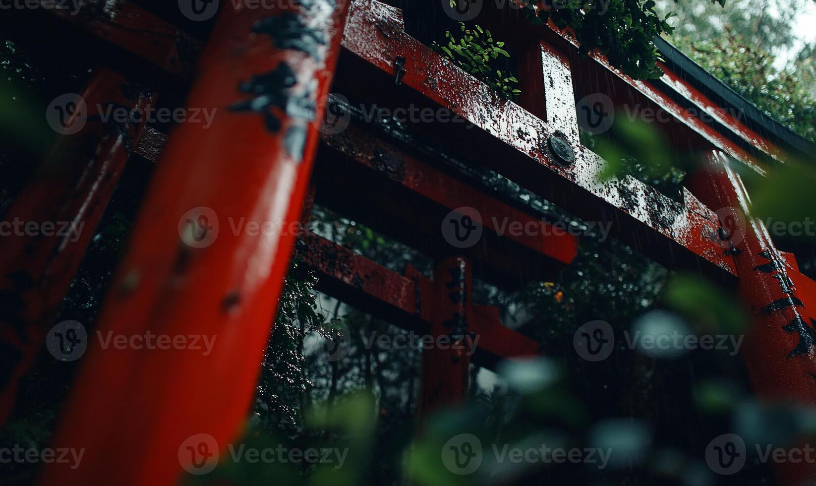 Red gate structure, wet and vibrant. Lush greenery surrounds traditional Japanese gate photo