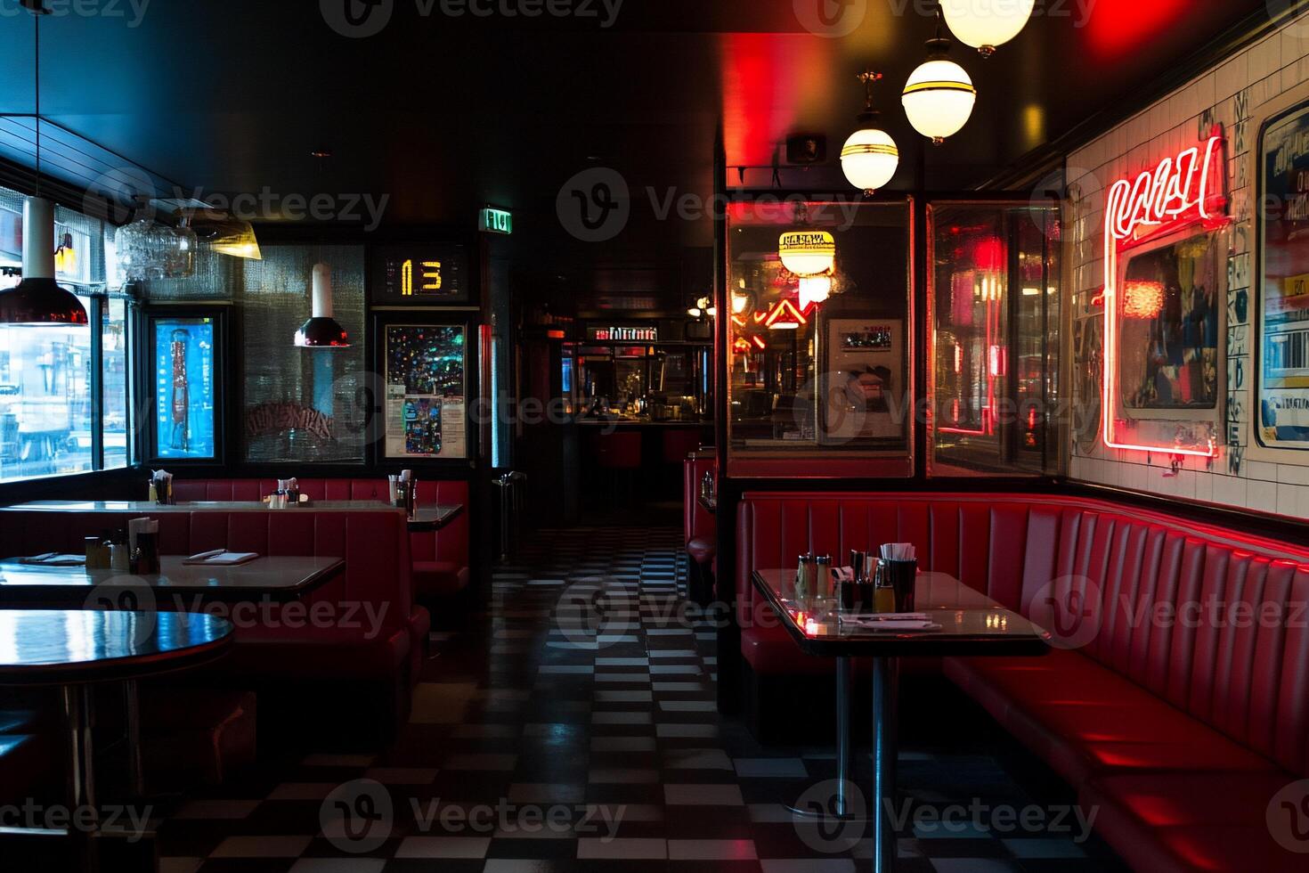 Retro diner interior with red booths, checkered floor, and neon signs. Dark, cozy ambiance photo