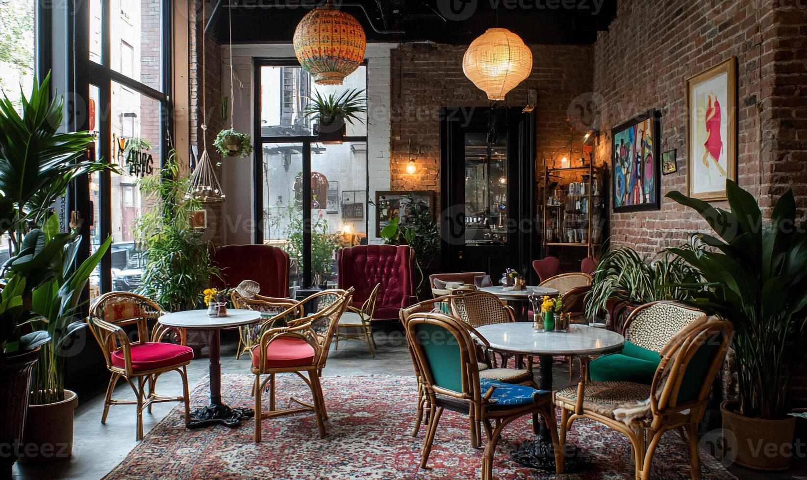Cozy, vibrant cafe with lush plants and vintage decor photo