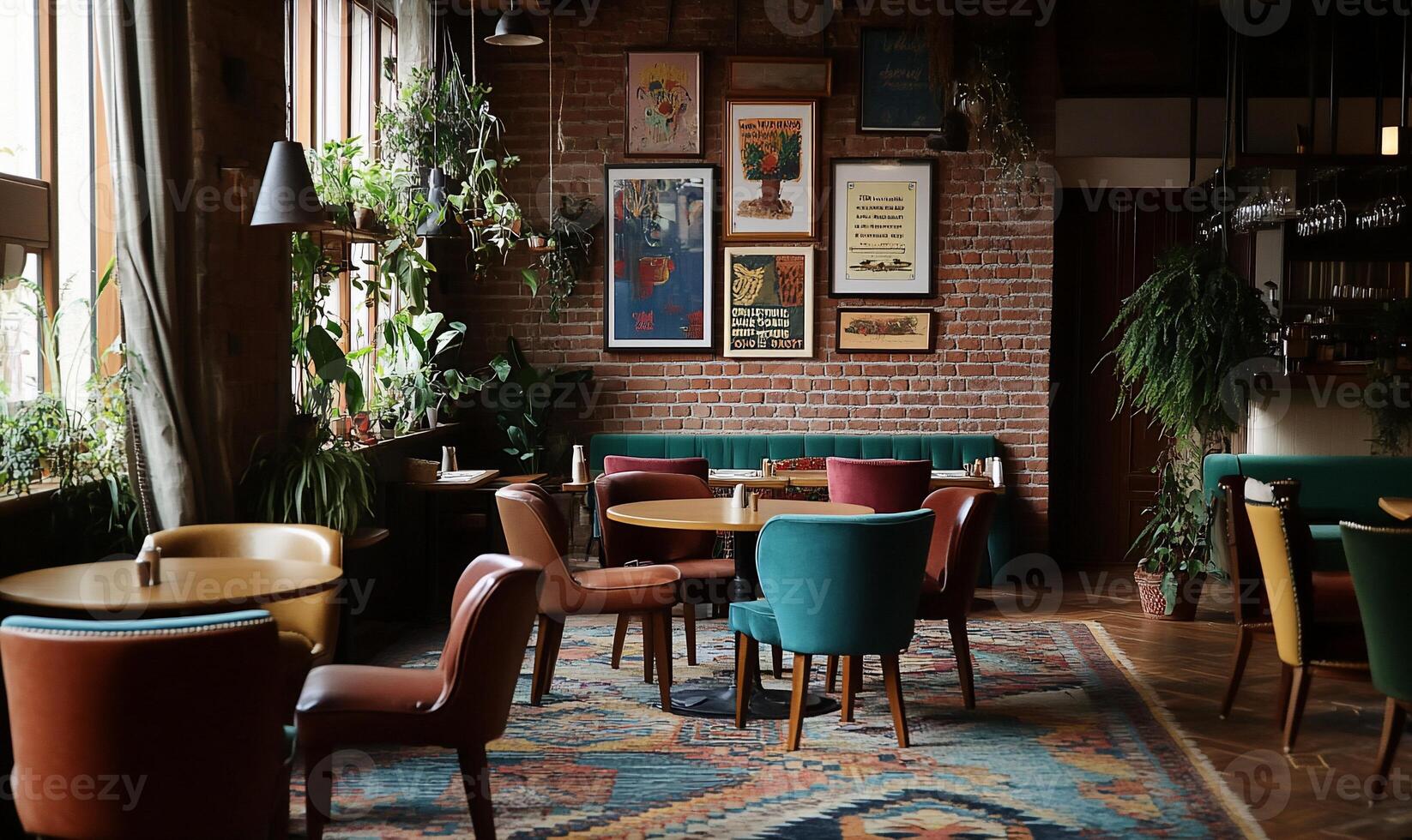 Cozy cafe interior with brick wall, plants, and art photo