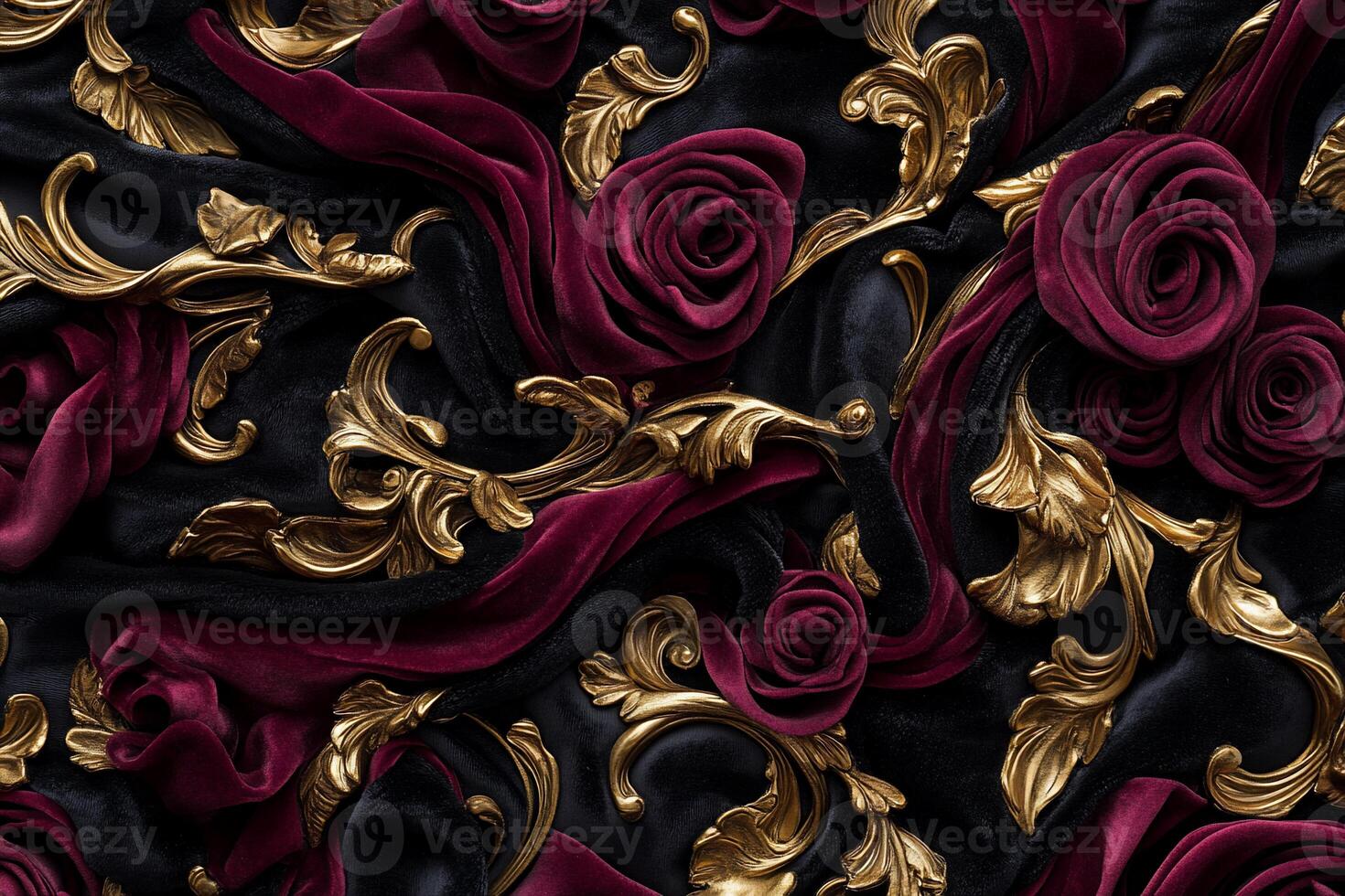 Luxurious dark fabric with gold details and red roses photo
