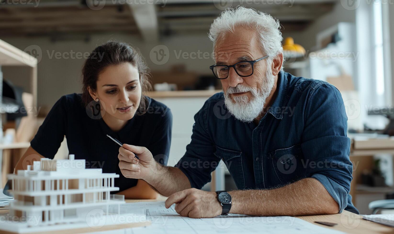 Architects collaborating on model house design photo