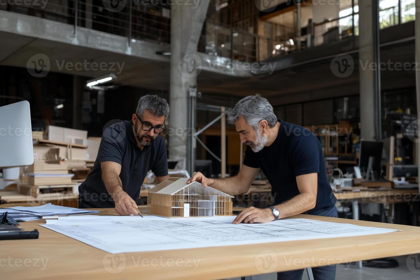 Two architects reviewing building plans and model photo