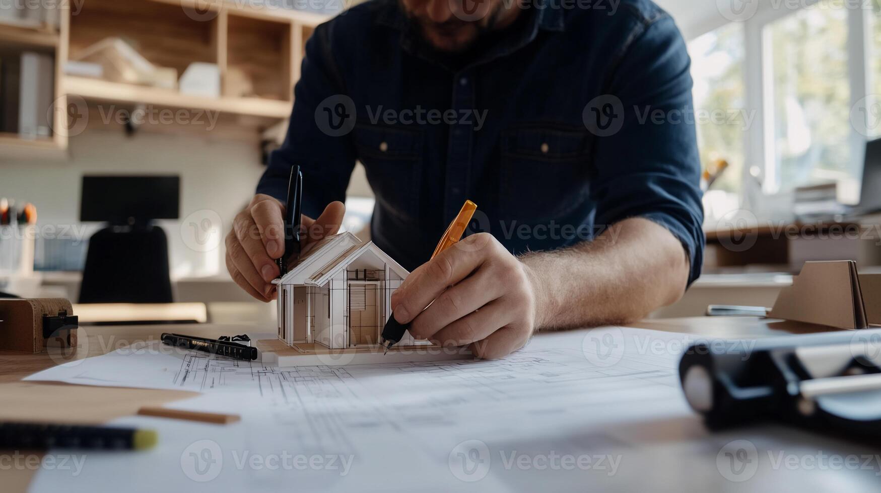Architect working on house model photo