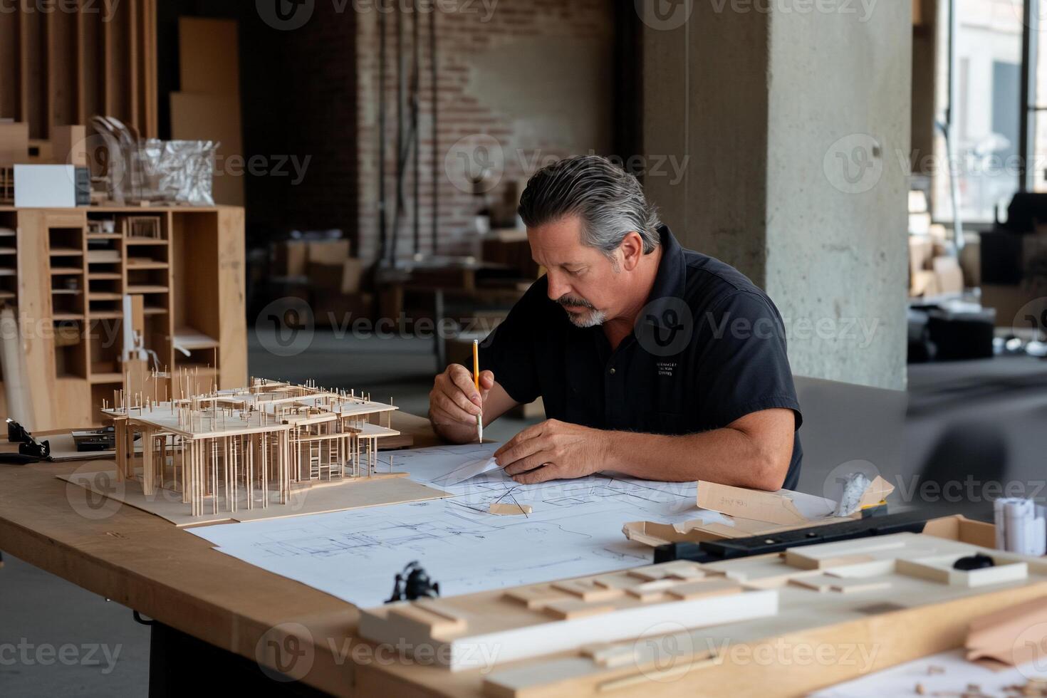 Architect working on blueprints and model photo