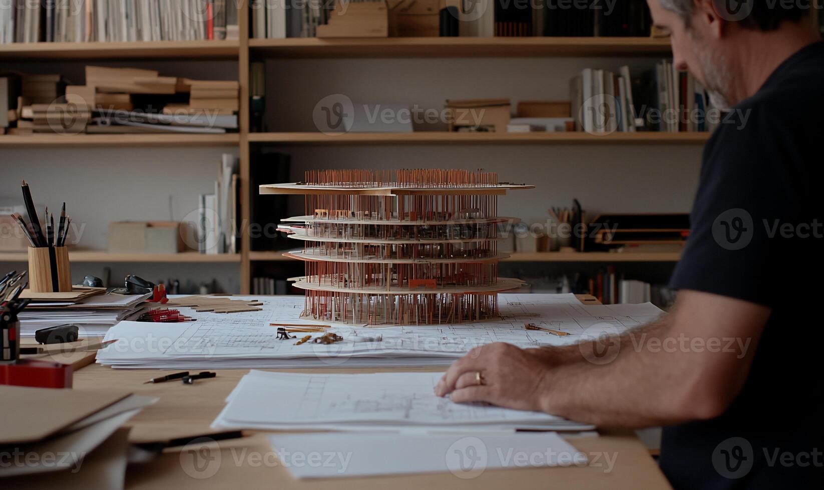 Architect reviewing model of a multi-level building design photo