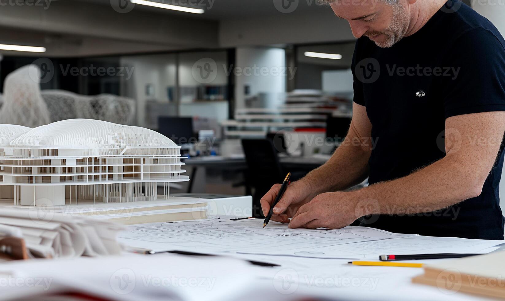 A man is working on a model of a building photo